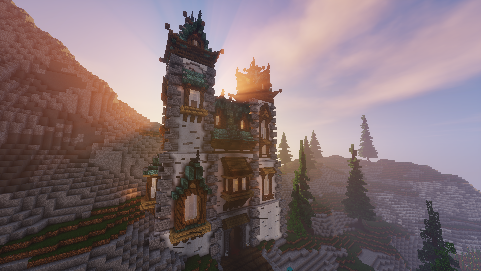 The image shows a Castle with two big towers at a hill-side in Minecraft. Its build with quartz and prismarine-blocks as well as some wodden-details. In the background you can see pine-trees.