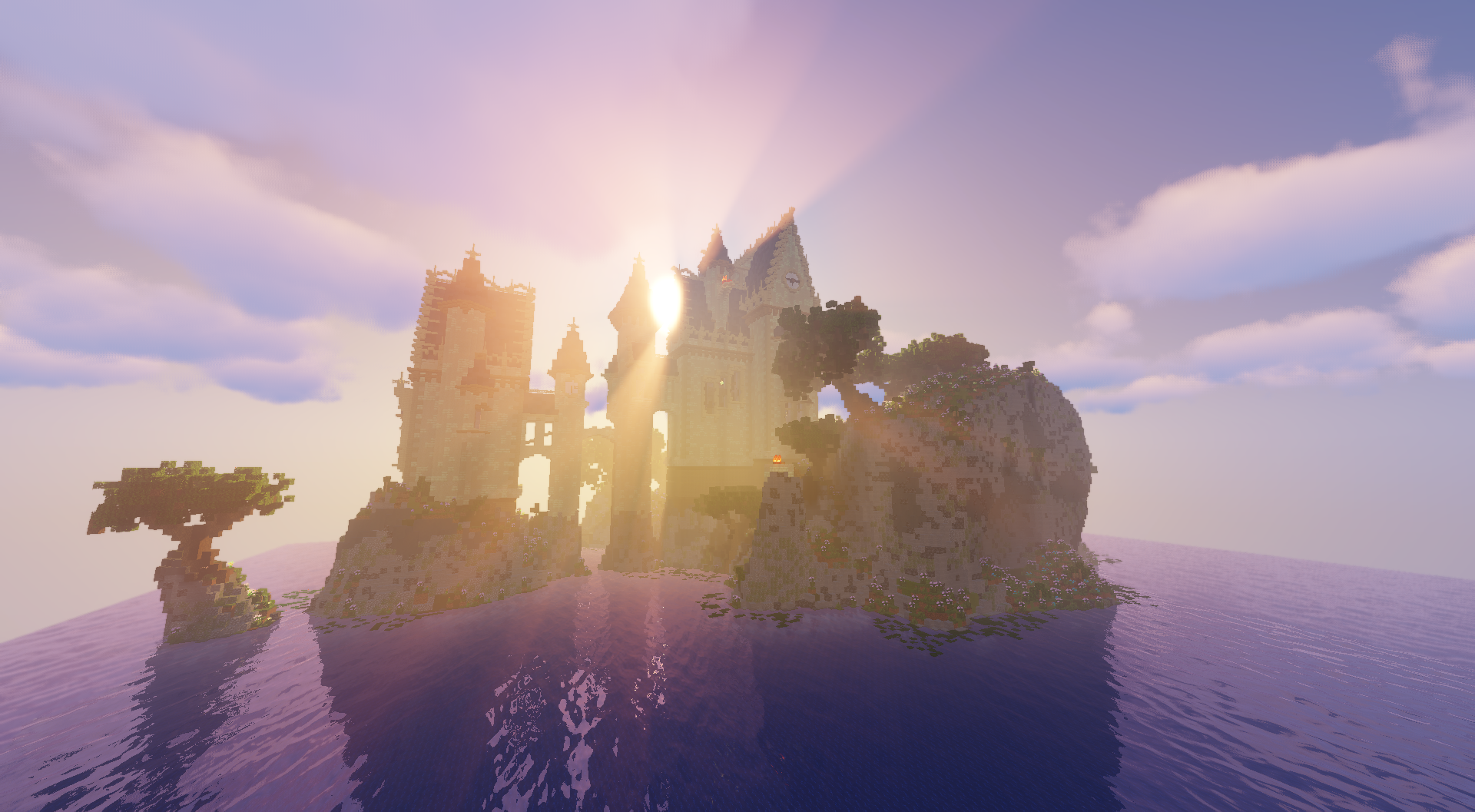 The image shows a big Castle with two large towers and multiple buildings on an island in a ocean in Minecraft. Its build with sandstone and stone.